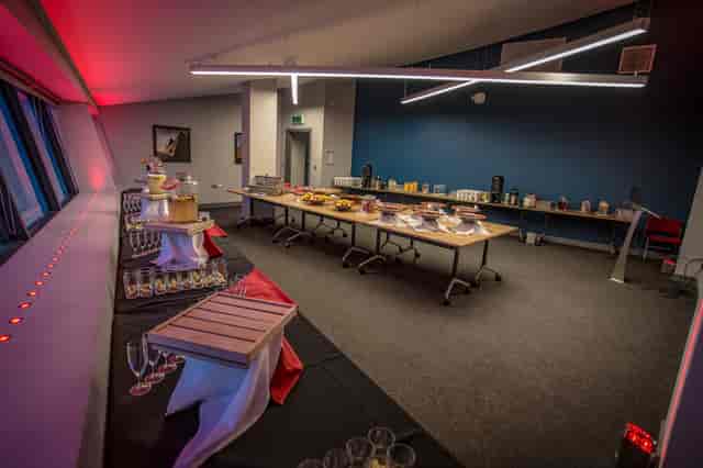 WaterShard 3 event space with buffet setup, ideal for networking and social gatherings.