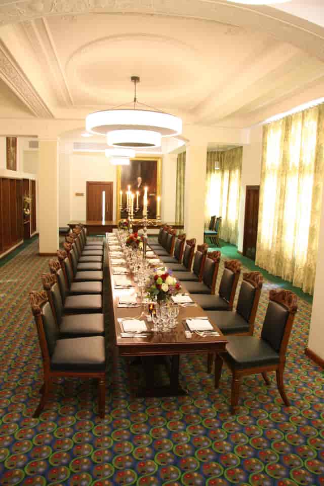 Elegant banquet table in UK's Supreme Court, perfect for formal dinners and corporate events.