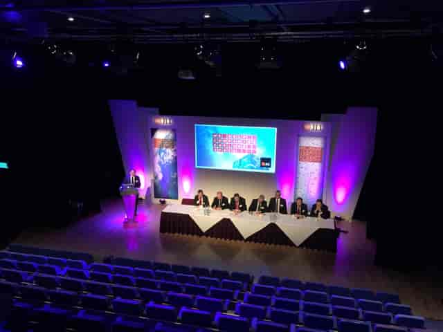 Panel discussion at Patrick Studio, Birmingham Hippodrome with elegant stage lighting.