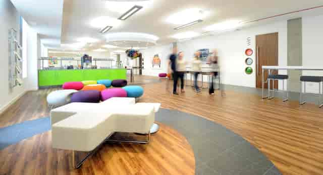 Modern event space in Manchester with vibrant seating for networking and collaboration.