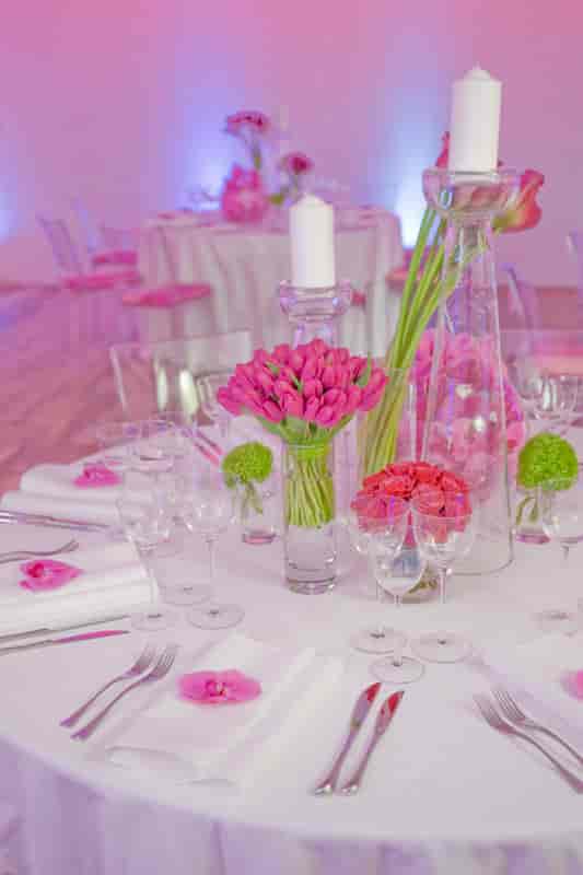 Elegant table setting with pink tulips in The Linbury Room, perfect for weddings and events.