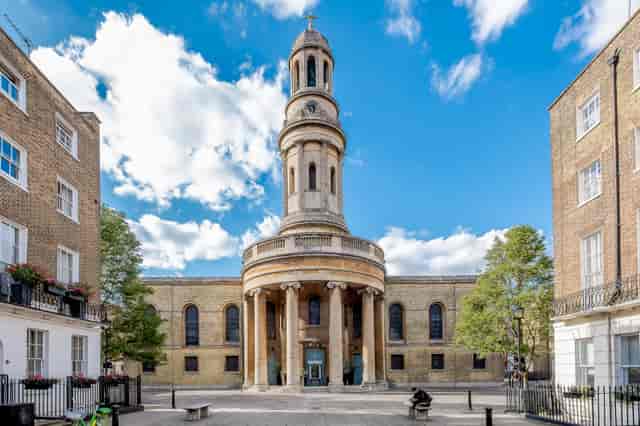 Great Hall in St Mary's Marylebone, grand venue for events with classical columns.