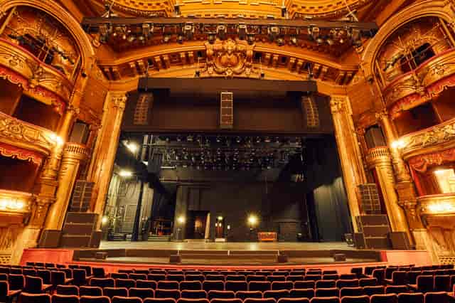 London Palladium auditorium stage with ornate architecture, ideal for concerts and events.