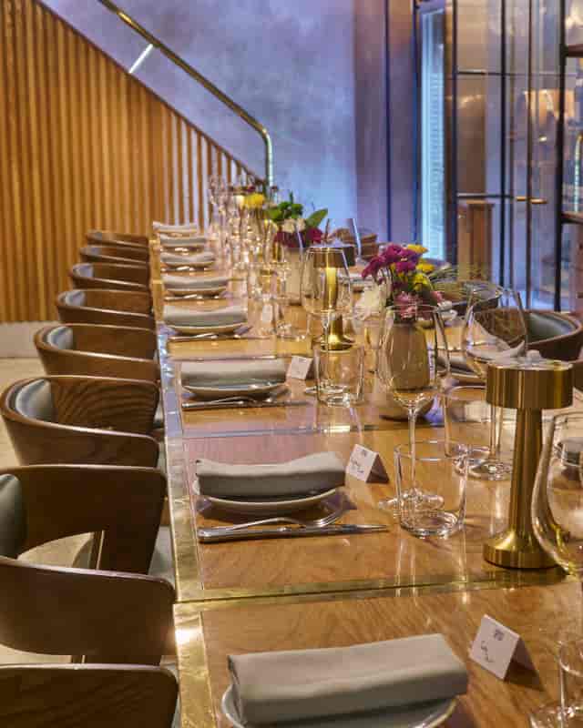 Elegant dining table setup in The Larder Room, perfect for upscale events and corporate dinners.