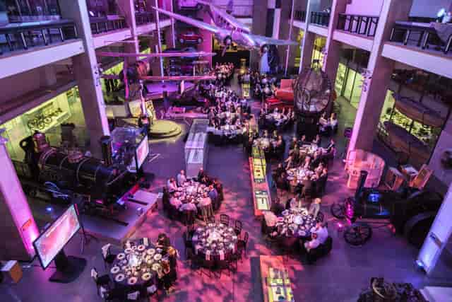 Museum gala with trains, aircraft, elegant dinner, corporate event