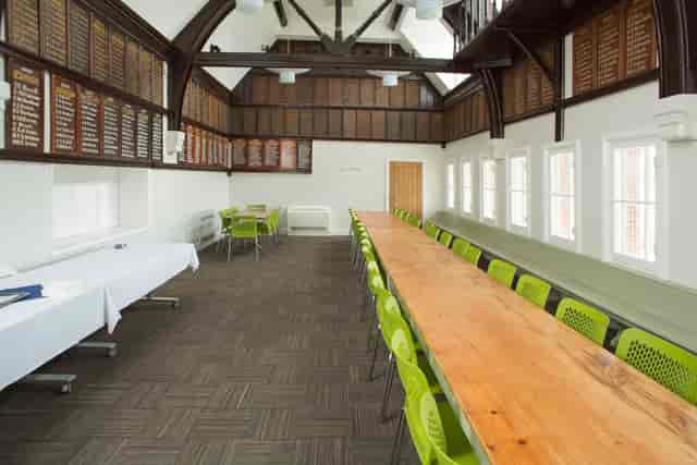Cricket Pavilion meeting room with wooden beams, ideal for meetings and brainstorming sessions.