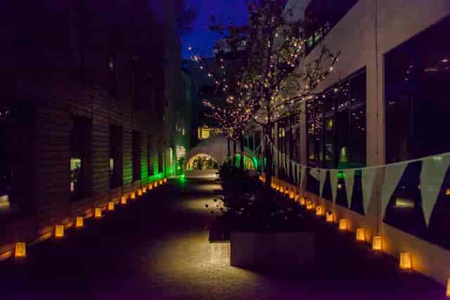 Outdoor event space at The Table Cafe with lanterns, perfect for receptions and gatherings.