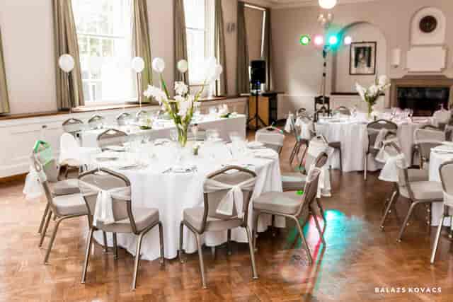 Elegant London House event space with round tables, perfect for weddings or corporate events.