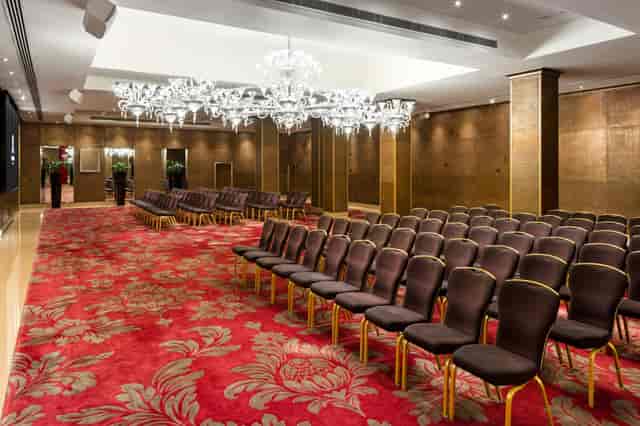 The Crystal Room at The May Fair Hotel, elegant theater-style seating for conferences.