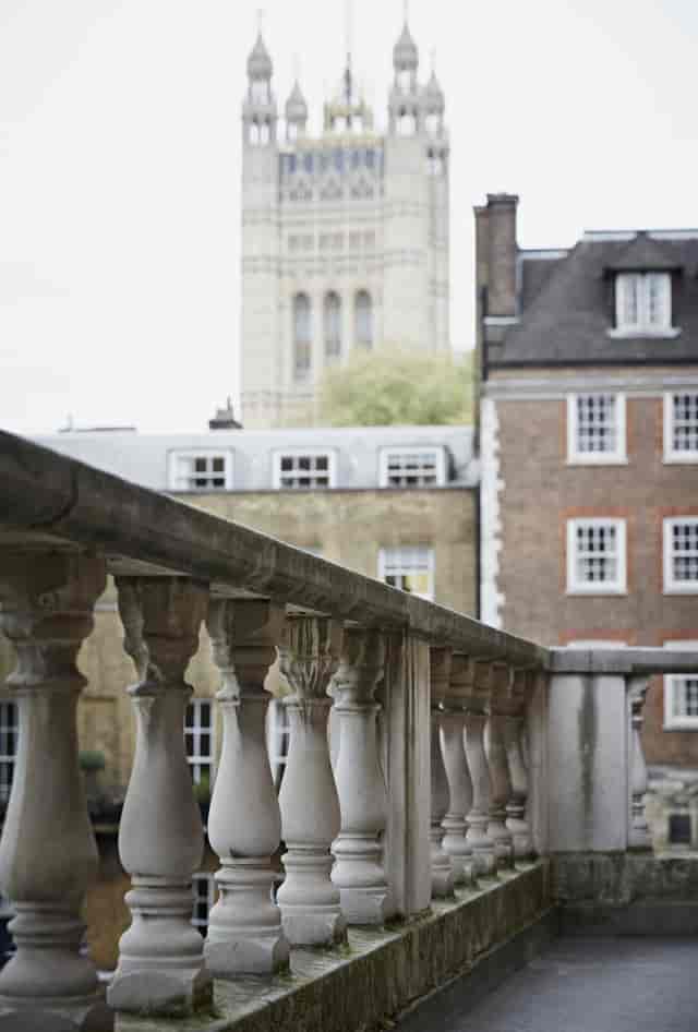 Bishop Partridge Hall balcony at Church House Westminster for luxury events and sunset receptions.