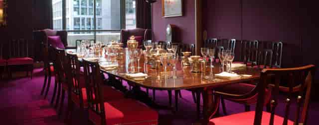 Elegant dining setup in Salters' Hall for corporate meetings and exclusive events.