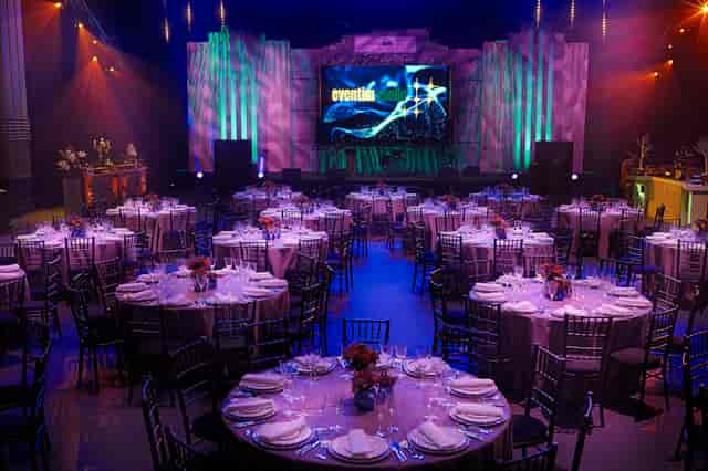 Elegant banquet hall at Eventim Apollo, perfect for corporate events and gala dinners.
