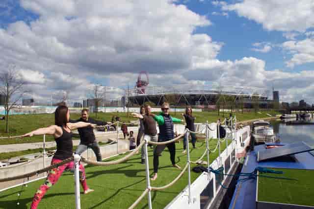 Whole Ship on The Milk Float canal boat hosting a corporate wellness team building event.
