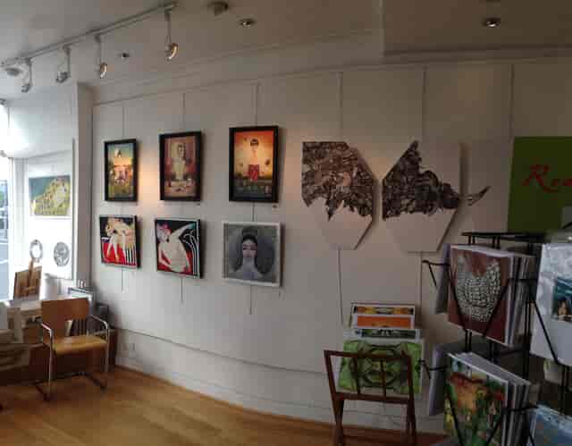 Art display in Riverside Gallery, perfect for creative events and intimate meetings.