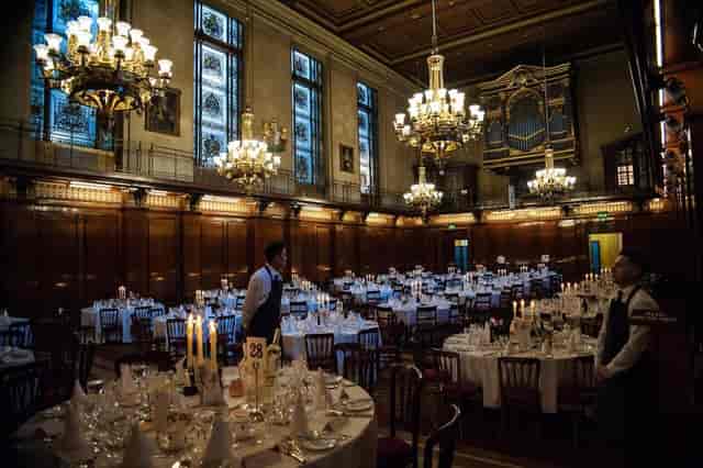 Great Hall at Merchant Taylors' Hall, elegant banquet setup for weddings and corporate events.