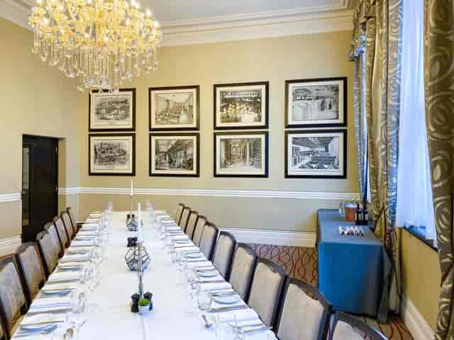 Melville Room at Chiswell Street: elegant dining setup for corporate meetings and private dinners.