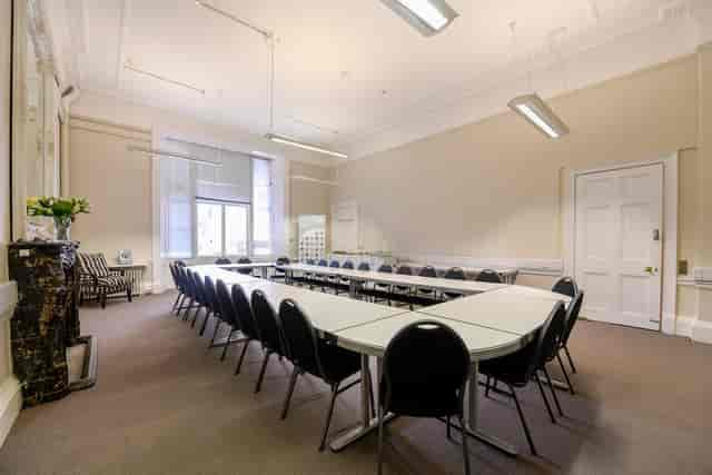 Leverhulme Room in SCI Belgravia, U-shaped table setup for conferences and workshops.