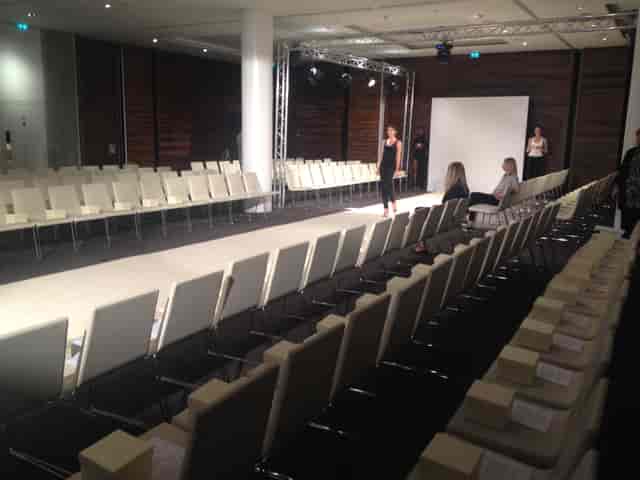 Modern event space in ME London, set up for a professional fashion show.