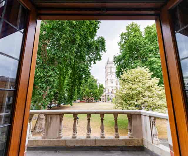 Bishop Partridge Hall balcony terrace overlooking Westminster Abbey for upscale event venues.