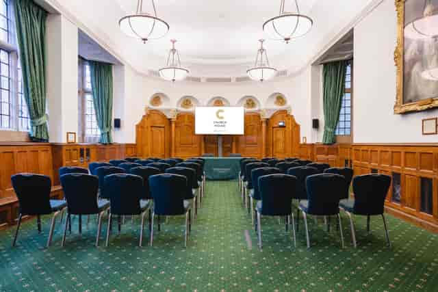 Convocation Hall in Church House Westminster, ideal for conferences with elegant wood paneling.