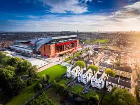 Aerial view of Liverpool FC stadium, ideal for corporate events and fan experiences.