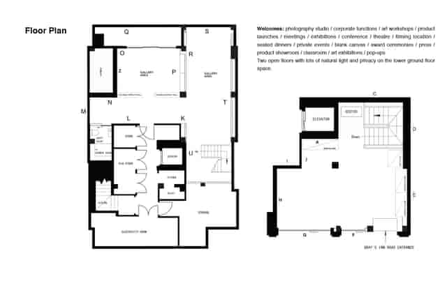 Versatile event space floor plan with natural light for workshops and corporate functions.