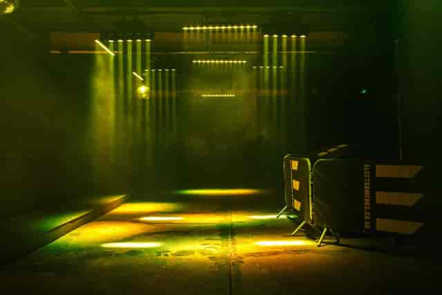 Industrial Electrowerkz event space, moody lighting, trussing, concert, club