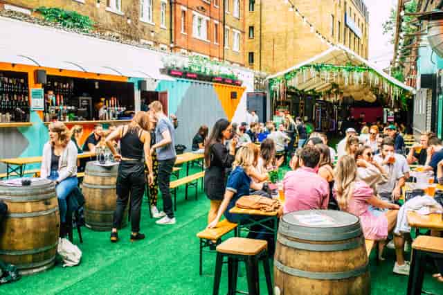 Vauxhall Street Food Garden with communal seating, perfect for summer parties and networking.