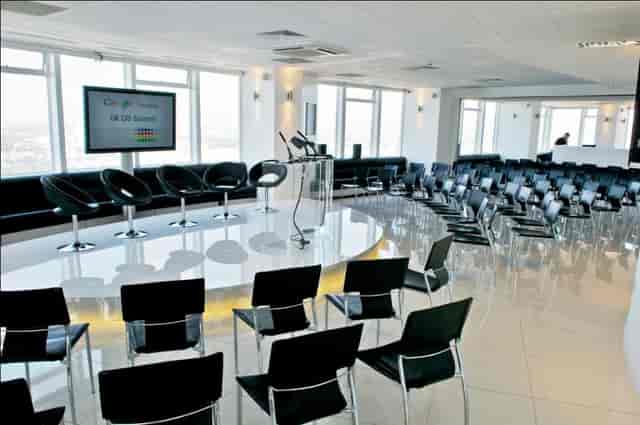 Altitude 360 event space with circular stage, ideal for conferences and networking.