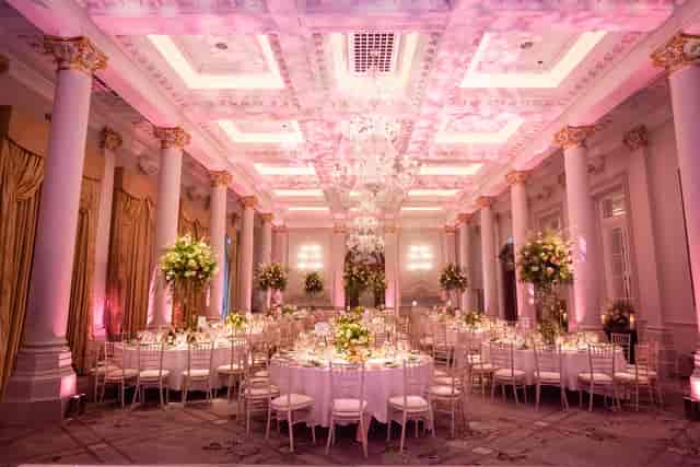 Grand Ballroom at The Langham, London: elegant wedding venue with luxurious chandelier.