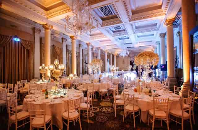 Grand Ballroom at The Langham, London: elegant wedding venue with high ceilings and luxury decor.