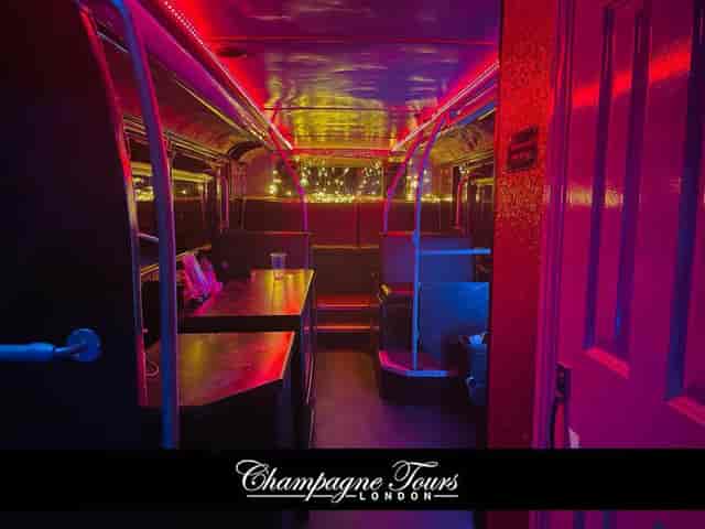 Luxury double decker party bus interior with LED lights for corporate events in London.