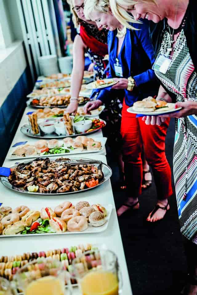 Buffet setup in Bandura Suite, Tomlinson Centre for networking events and conferences.