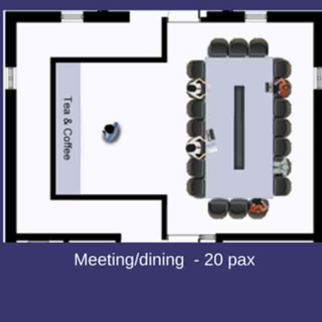 Brunswick Suite floor plan for meetings, featuring a central table and coffee area.