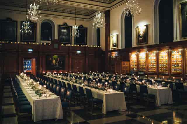 Elegant Inner Temple Hall with banquet setup for formal events and corporate gatherings.