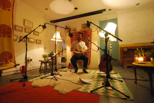 Intimate music event space with cozy lighting, perfect for live performances.