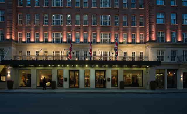 Atrium entrance at The May Fair Hotel, ideal for upscale corporate events and meetings.