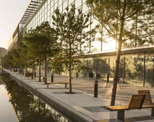 Modern venue at Millennium Point with glass facades, ideal for events and networking.