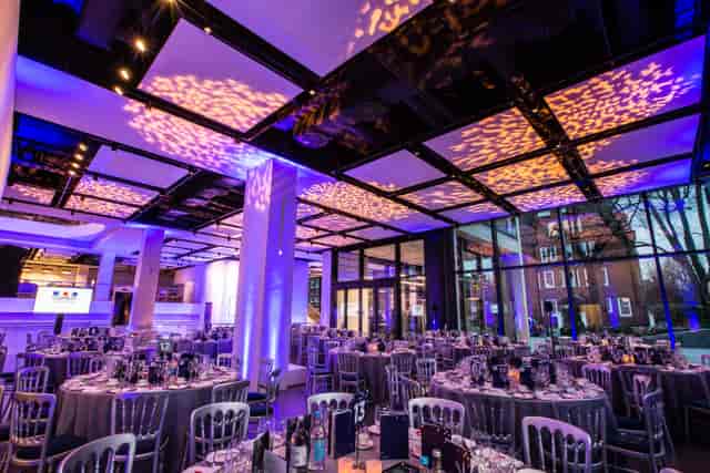 Elegant dinner setup in National Army Museum foyer for corporate events and gala dinners.