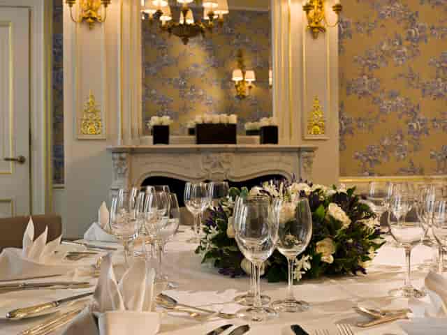 Elegant dining table in The Pink Room, Stafford London for formal events and galas.