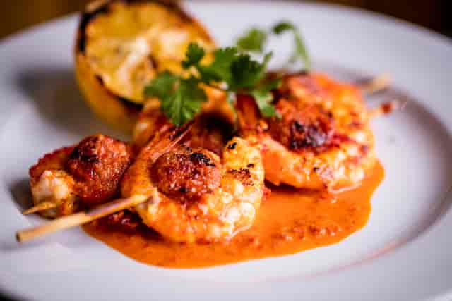 Grilled shrimp skewers with herbs at Market Cellar, Covent Garden - event catering.