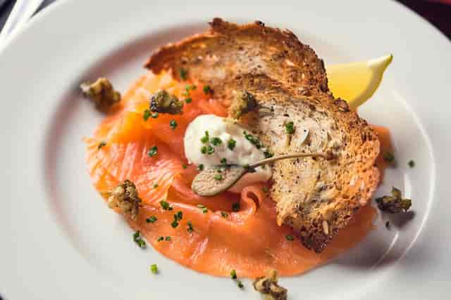 Smoked salmon dish at Banana Vault, Covent Garden - event catering and culinary aesthetics.