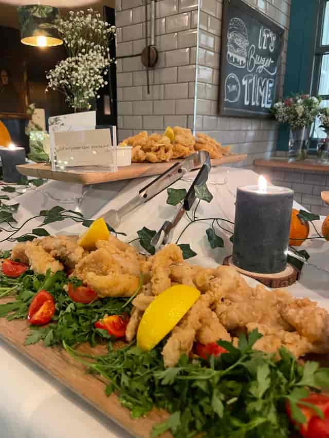 Catering display of crispy fried seafood at The Tokenhouse Main Bar event.