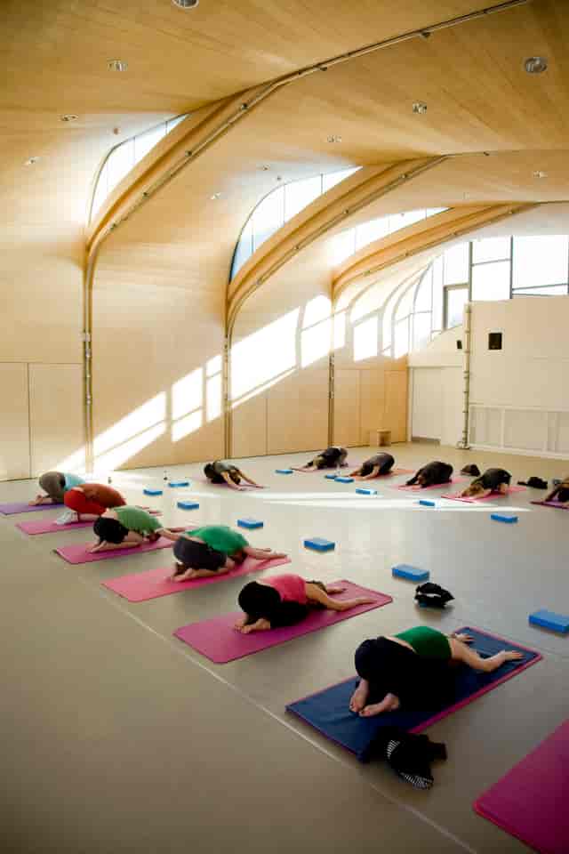 Serene yoga class in Roof Studio, Siobhan Davies Studios, ideal for wellness retreats.