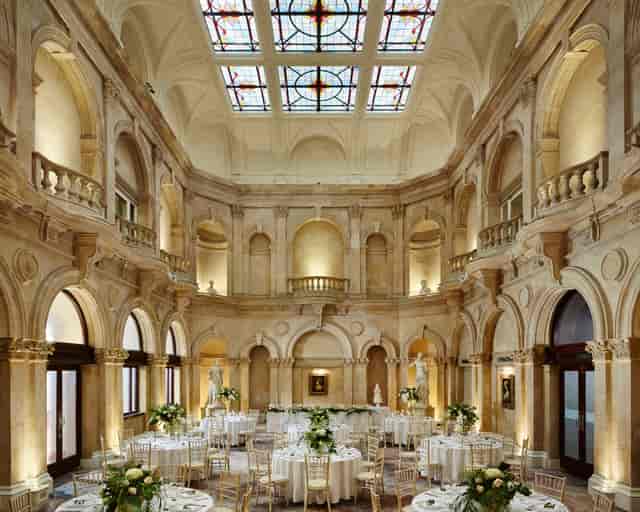Grand ballroom in Bristol Marriott Royal Hotel with historic atrium for gala dinners and events.