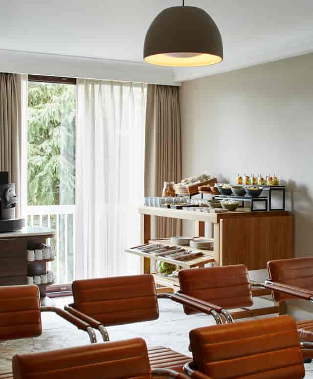 Highgate 1 meeting room refreshment station at London Marriott, snacks and beverages.