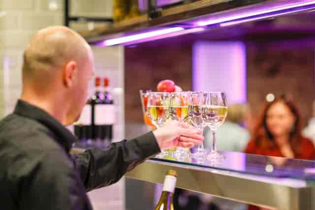 The Jasmine Room: Networking reception with ambient lighting for corporate events in Docklands.