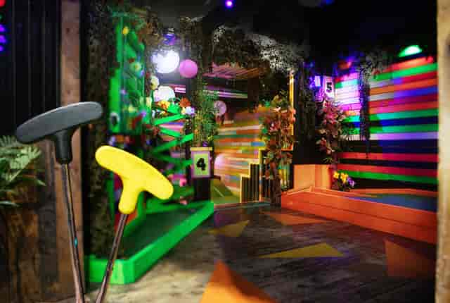 Vibrant mini-golf venue at Plonk Crazy Golf, perfect for team-building events and gatherings.