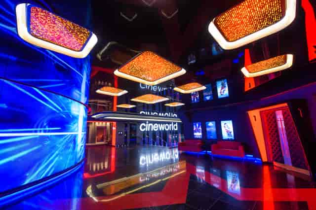 IMAX cinema lobby at Cineworld Leicester Square, modern design for events and screenings.