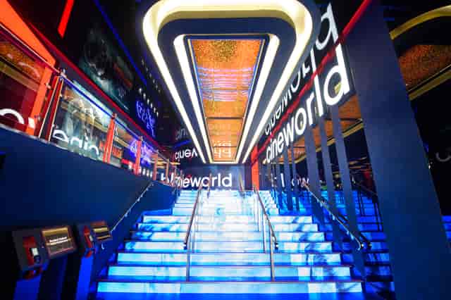 4DX event space at Cineworld Leicester Square with blue-lit staircase, ideal for modern meetings.